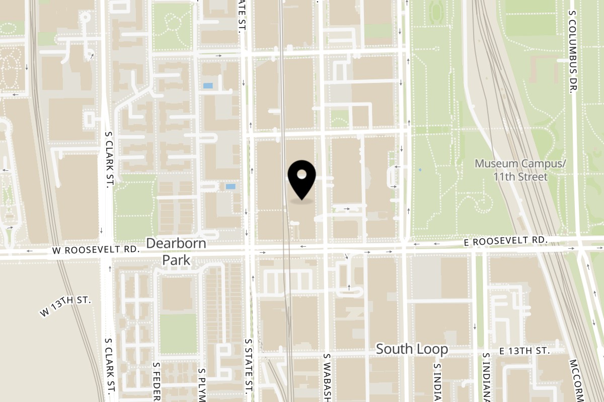 Map showing the location of TAK Korean Bistro & Karaoke on 1132 S Wabash Ave Lower Level in Chicago